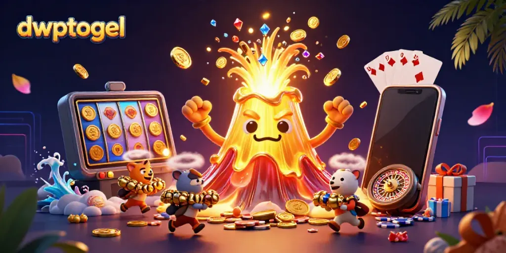 Menggali hadiah di DWPTOGEL dengan letusan gunung berapi emas yang memancarkan koin dan harta karun.