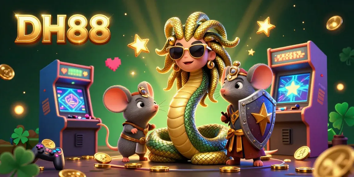 Engage with thrilling DH88 casino games featuring Medusa and a mouse warrior amidst vibrant arcade elements.