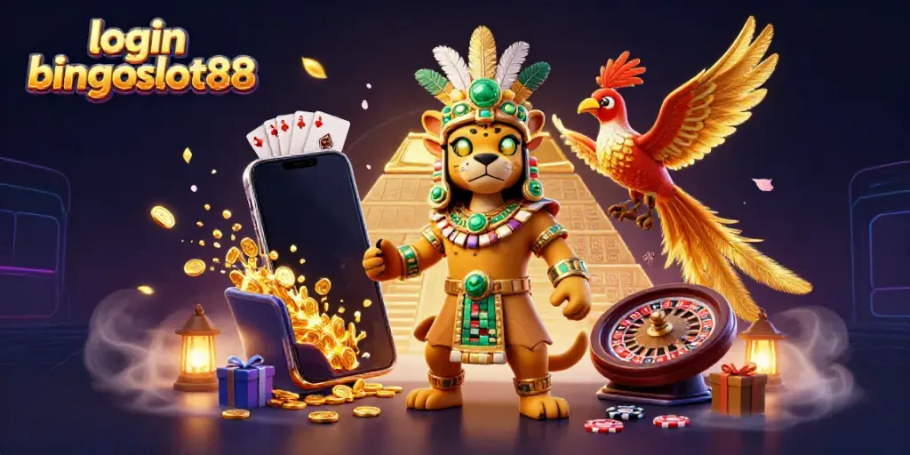 Menangkan permainan dengan login bingoslot88 dan karakter kasino mengesankan dalam ilustrasi 3D.