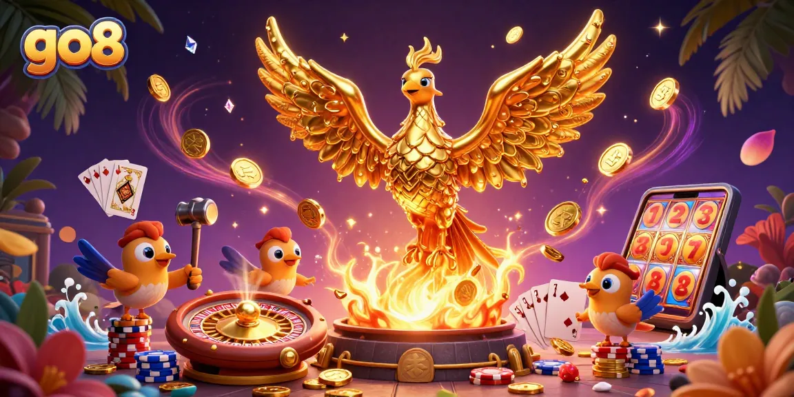 Experience thrilling gameplay at go8 with a golden phoenix soaring above cascading coins and casino elements.