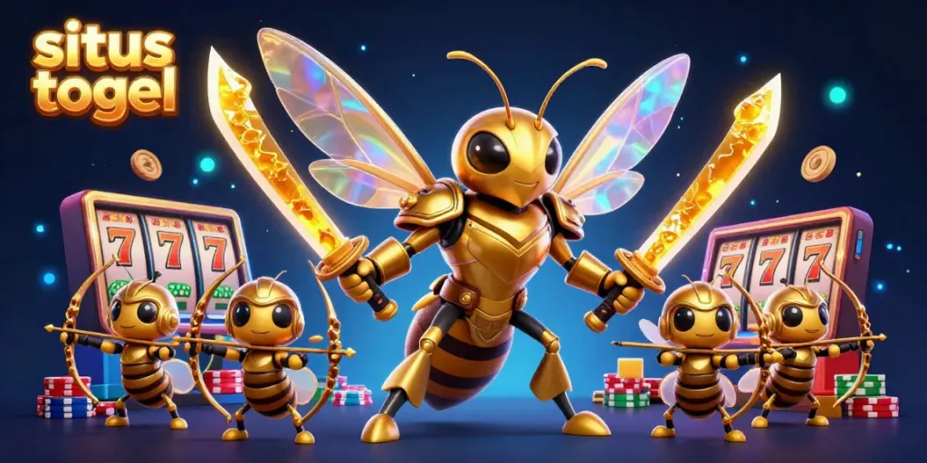 Situs togel dynamic casino scene with a golden hornet in samurai armor and bee archers highlighting gambling excitement.
