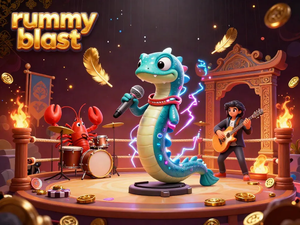 Experience the excitement of rummy blast with electric eel DJ and dynamic casino effects in this vibrant illustration.