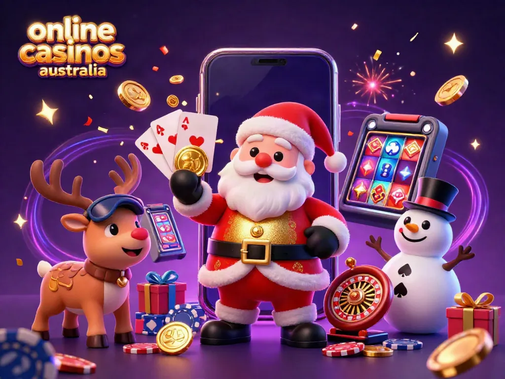 Experience festive joy at online casinos Australia with Santa, a reindeer dealer, and a poker chip snowman.