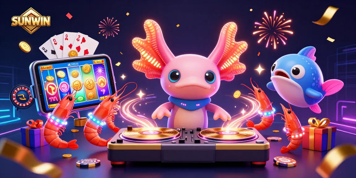 SUNWIN entices players at a vibrant casino with a neon axolotl DJ and lively shrimp dancers.
