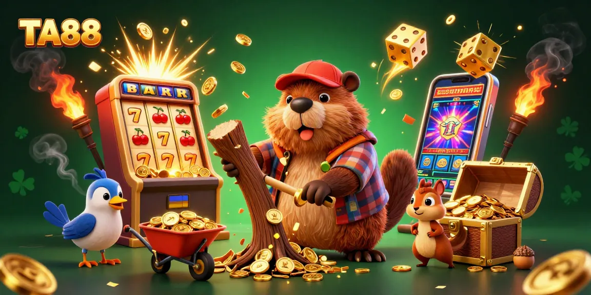 Engage with TA88's thrilling casino experience as animated characters collect golden coins amidst colorful slot machine chaos.