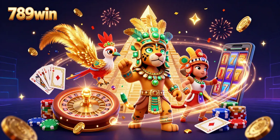 Experience thrilling gameplay at 789win featuring dynamic casino elements and a colorful 3D illustration.