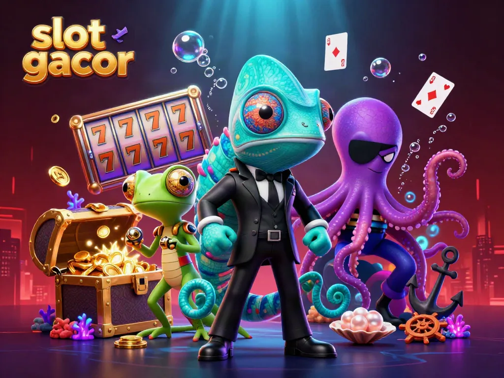 Engage with slot gacor themed illustration featuring a secret agent chameleon, epic slot elements, and vivid underwater ambiance.
