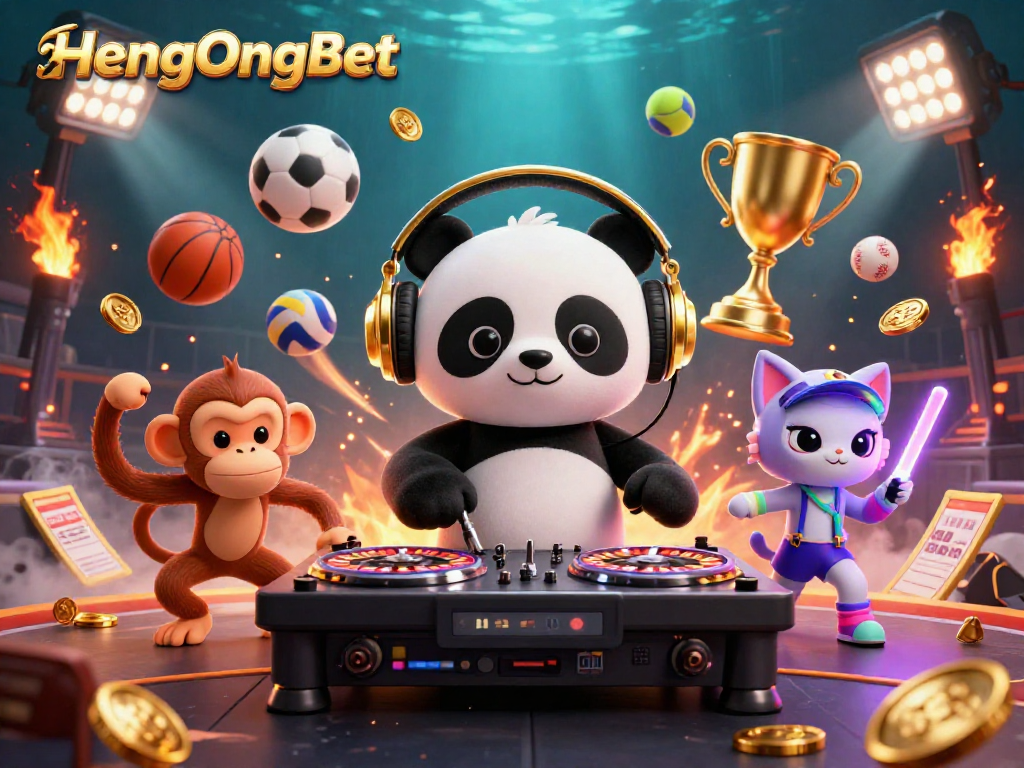Engaging HengOngBet scene with vibrant characters, dynamic sports elements, and a captivating DJ panda.