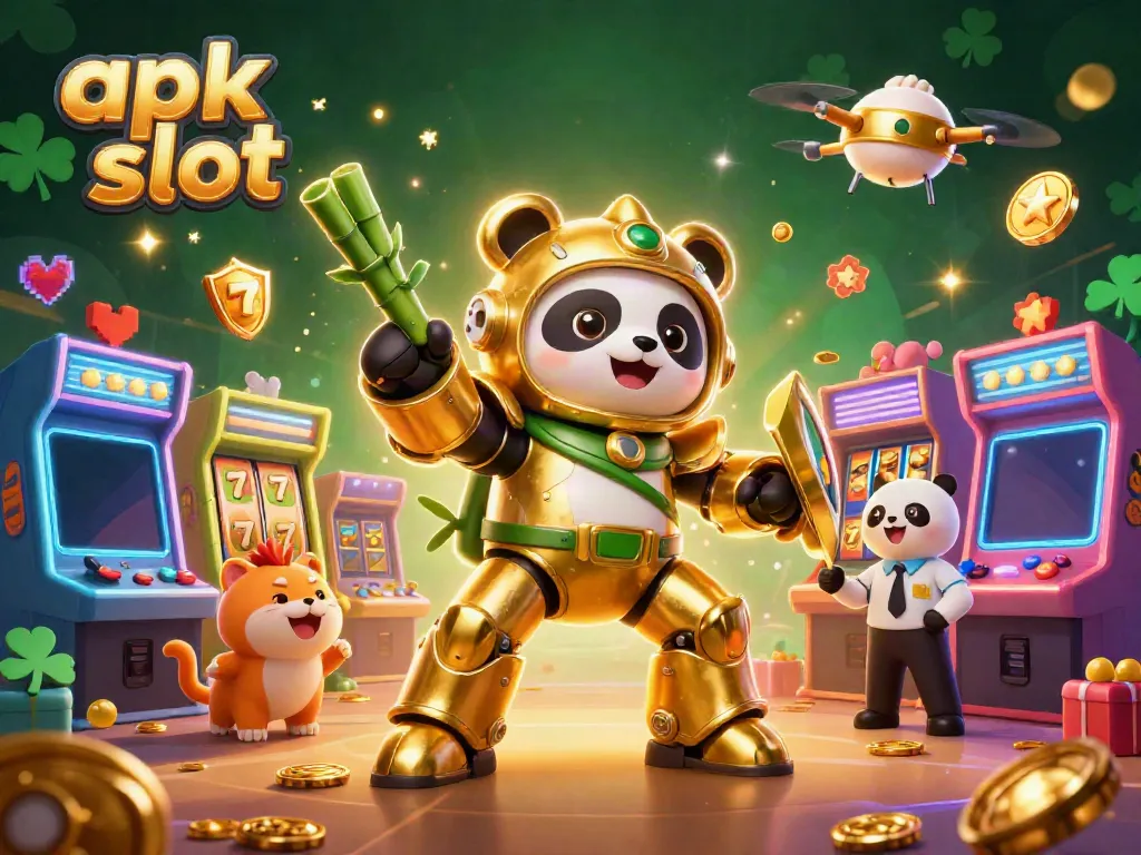 Mainkan apk slot dengan mesin slot menyerupai panda emas mech di arena kasino yang penuh dengan penonton hewan.