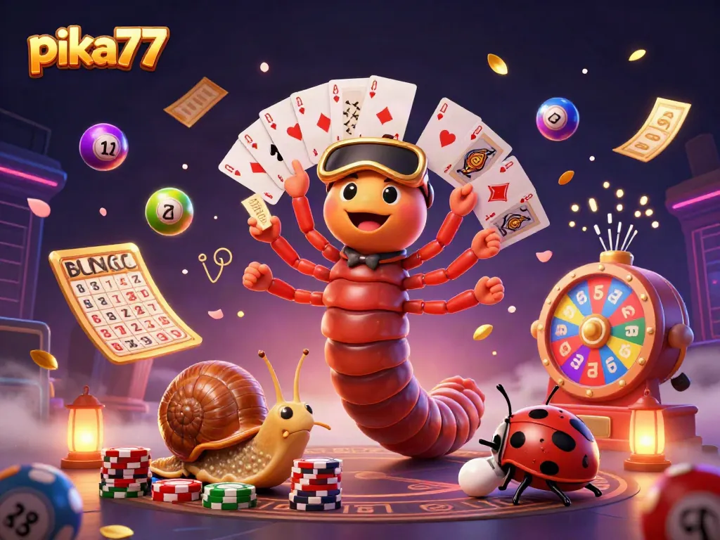 Engage with dynamic gaming action at pika77, showcasing a colorful casino scene with playful characters.