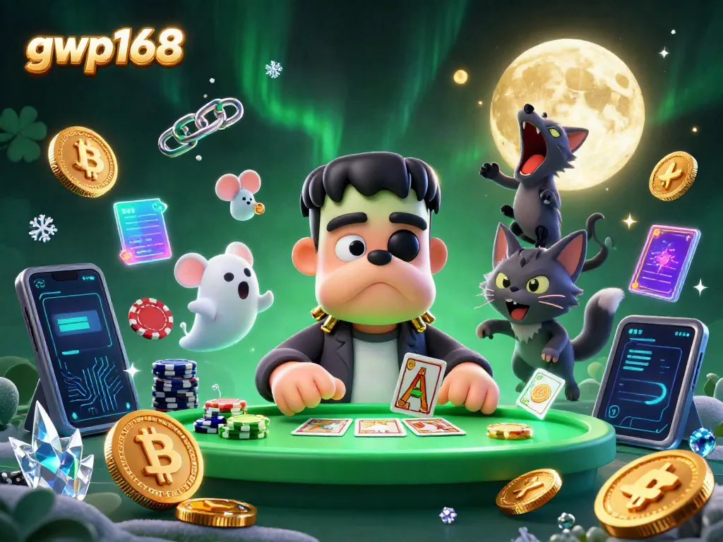 Gwp168 bermain kartu di meja kasino yang menakutkan dengan elemen slot dan koin crypto.