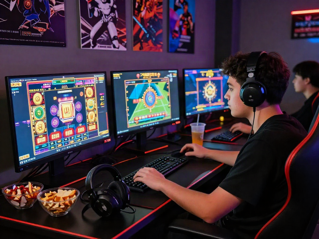 Immersive gaming scene with slot gacor player enjoying vibrant game interfaces.