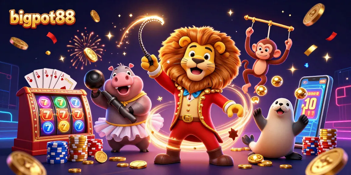 Spin to win with bigpot88 in this colorful 3D casino illustration showcasing vibrant slot machines and festive characters.