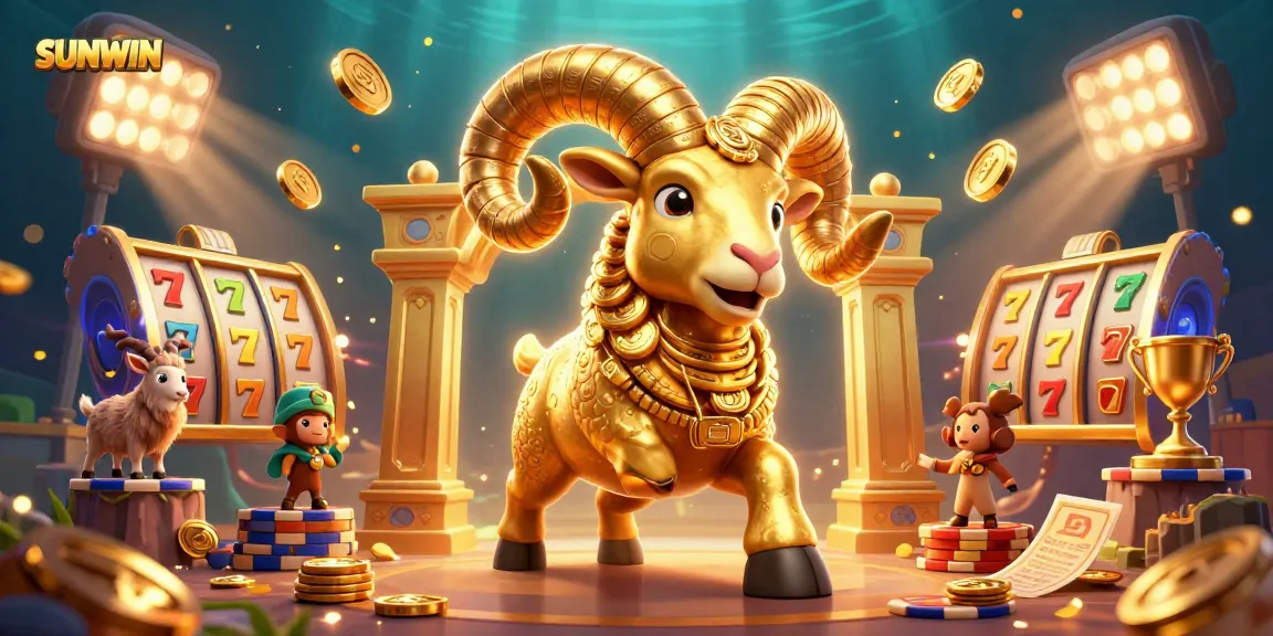 SUNWIN offers thrilling slot experiences with a golden ram charging through a dynamic casino scene.