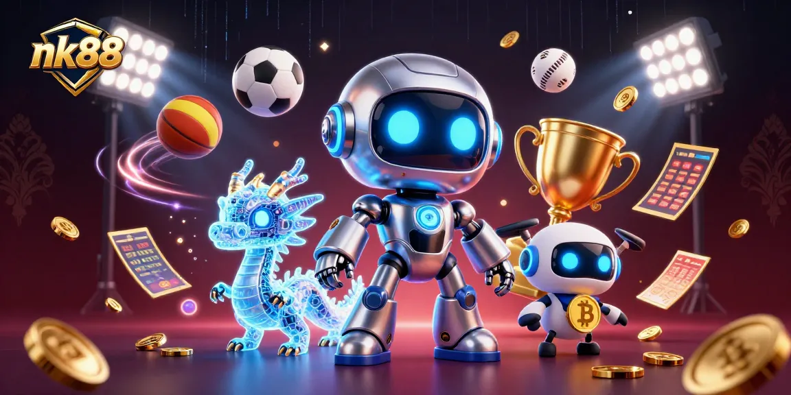 Play at nk88 with vibrant casino elements, featuring a cyberpunk robot and AI companions.