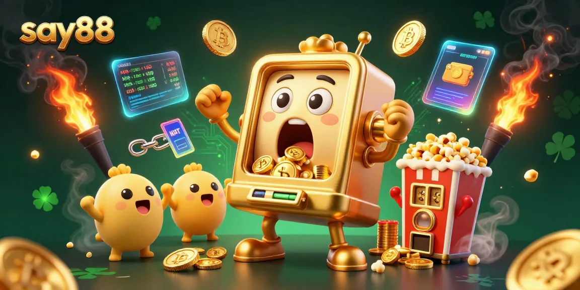 Jackpot celebration at say88 with a golden slot machine and crypto coins illuminating the scene.