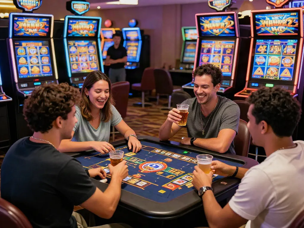 Pengalaman bermain mesin slot Mahjong Ways 2 di kasino dengan pemain yang antusias dan penuh warna.