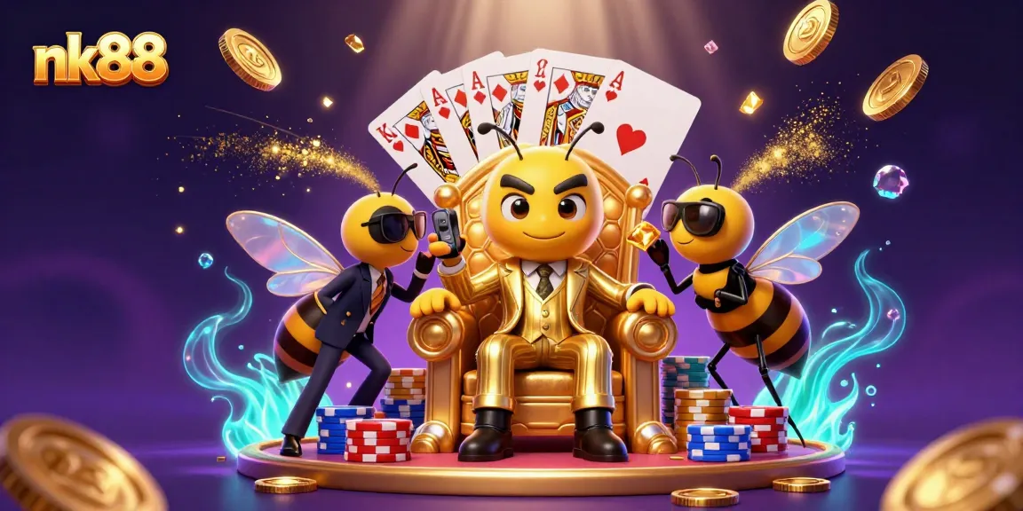 nk88 features a boss bumblebee in a casino setting, surrounded by gold coins and poker elements.