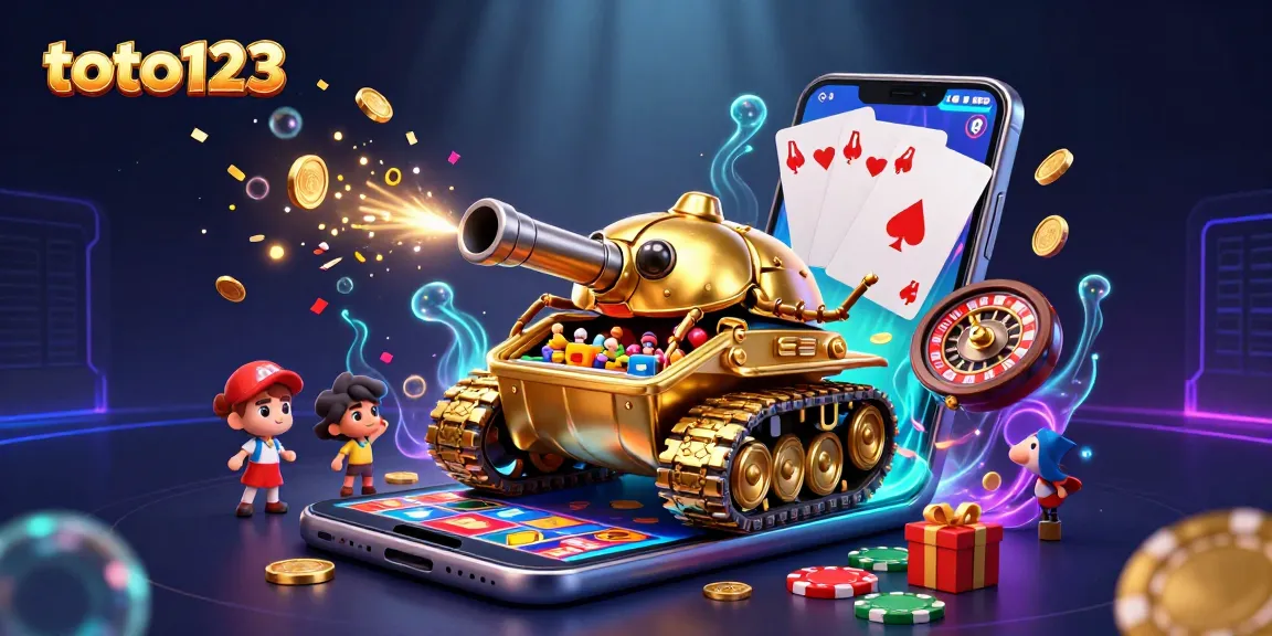 Experience thrilling games and features of toto123, with golden casino elements and exciting slot symbols.