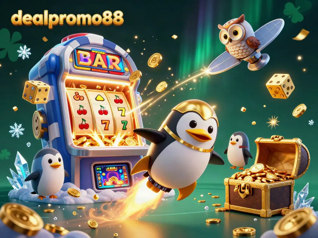 Witness the thrill of dealpromo88 with a penguin soaring toward a jackpot-filled casino!