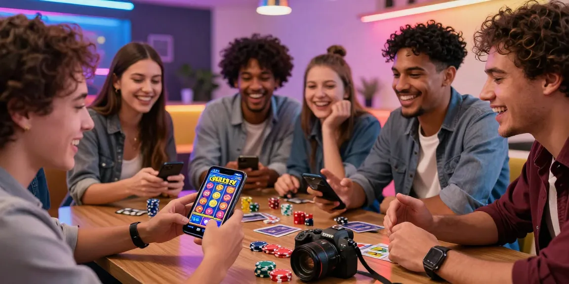 Exciting group gaming moment with Slots PK app displayed, friends enjoying casino gaming experience.