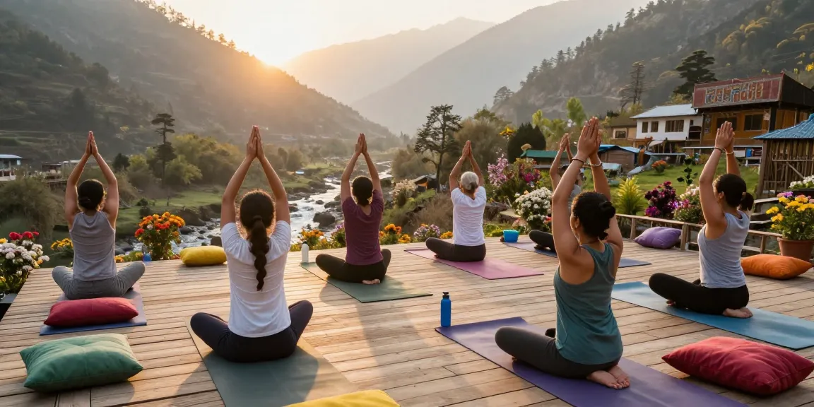Practitioners engaged in 300 hour yoga teacher training in India amidst serene Himalayan landscapes under golden sunrise light.