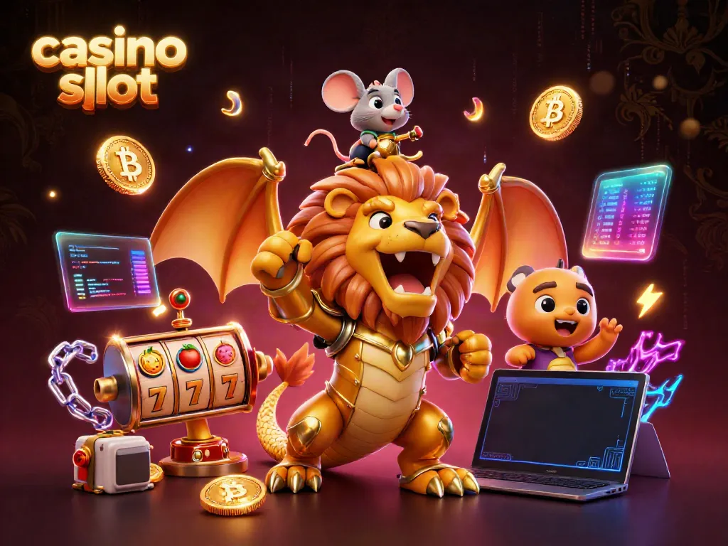 Experience the thrill of casino slot with a triumphant chimera and mouse jockey amidst vibrant gaming symbols.