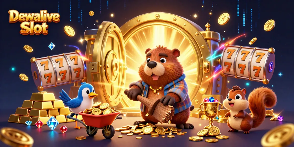 Dewalive Slot scene with energetic characters enjoying a rich jackpot, surrounded by coins and treasures.