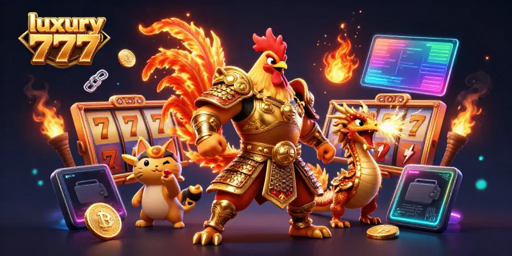 Experience the thrill of luxury 777 gaming with a fierce rooster warrior and dragon in a vibrant casino scene.