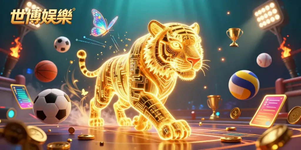在世博娛樂中體驗刺激，3D卡通老虎在數字賭場中引領著閃爍的遊戲元素。