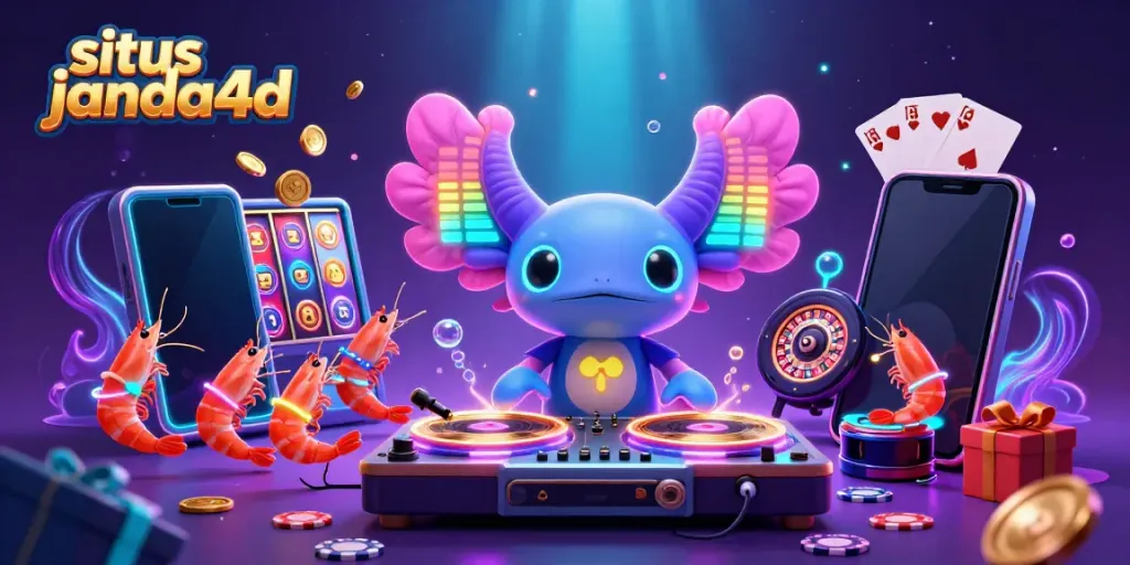 Gim kasino situs janda4d menampilkan DJ axolotl neon dengan karakter bawah laut yang ceria.