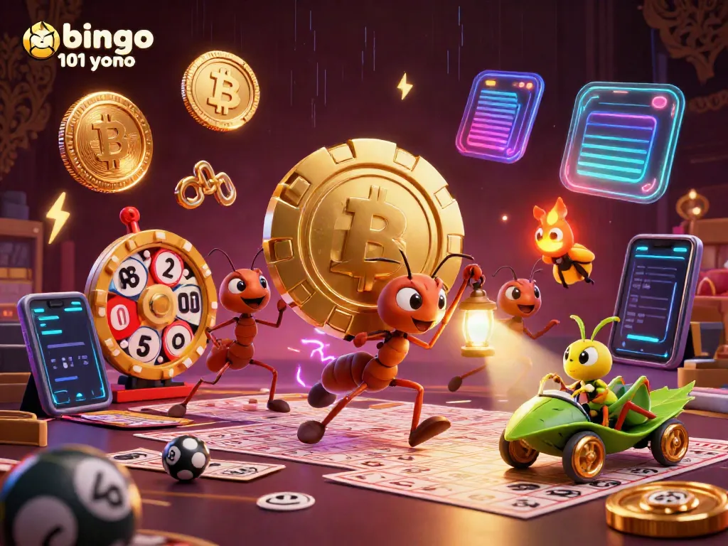 Engage with bingo 101 yono through a thrilling scene of playful ants carrying a giant bingo chip amidst vibrant gaming elements.