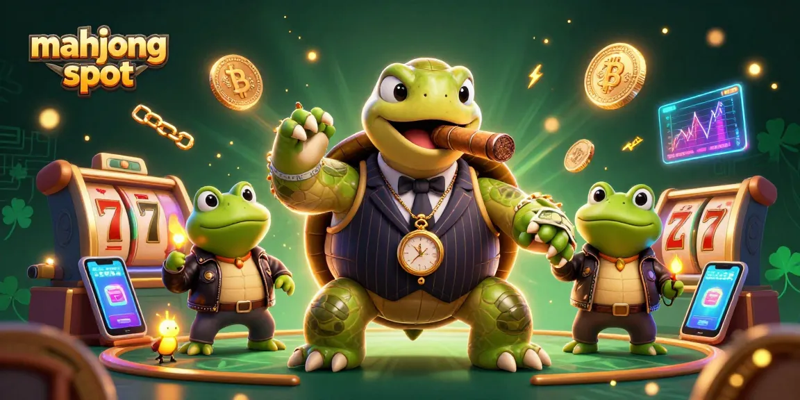 Spin the mahjong slot reels in a vibrant casino scene with dynamic characters and crypto elements.