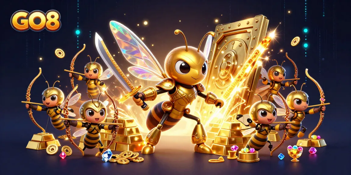 Engage in exhilarating gaming at GO8 with vibrant casino characters harmonizing around treasure.
