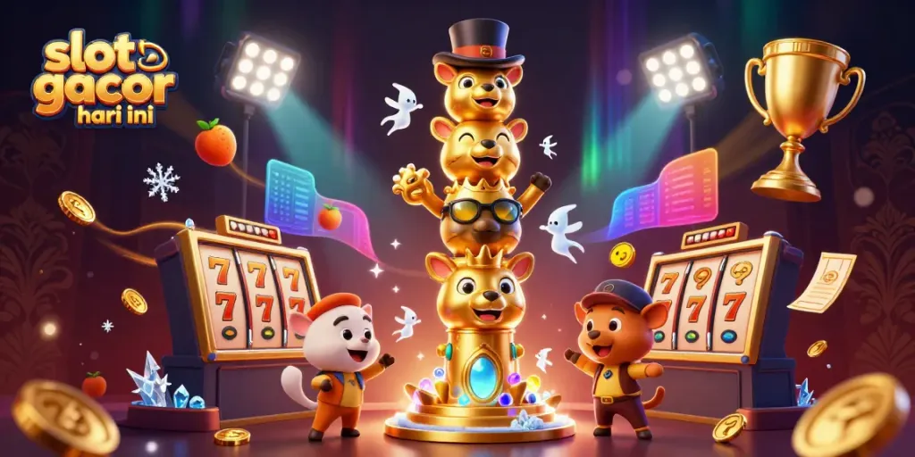 Slot gacor hari ini, ilustrasi 3D menarik menampilkan totem keemasan dan elemen kasino dinamis.