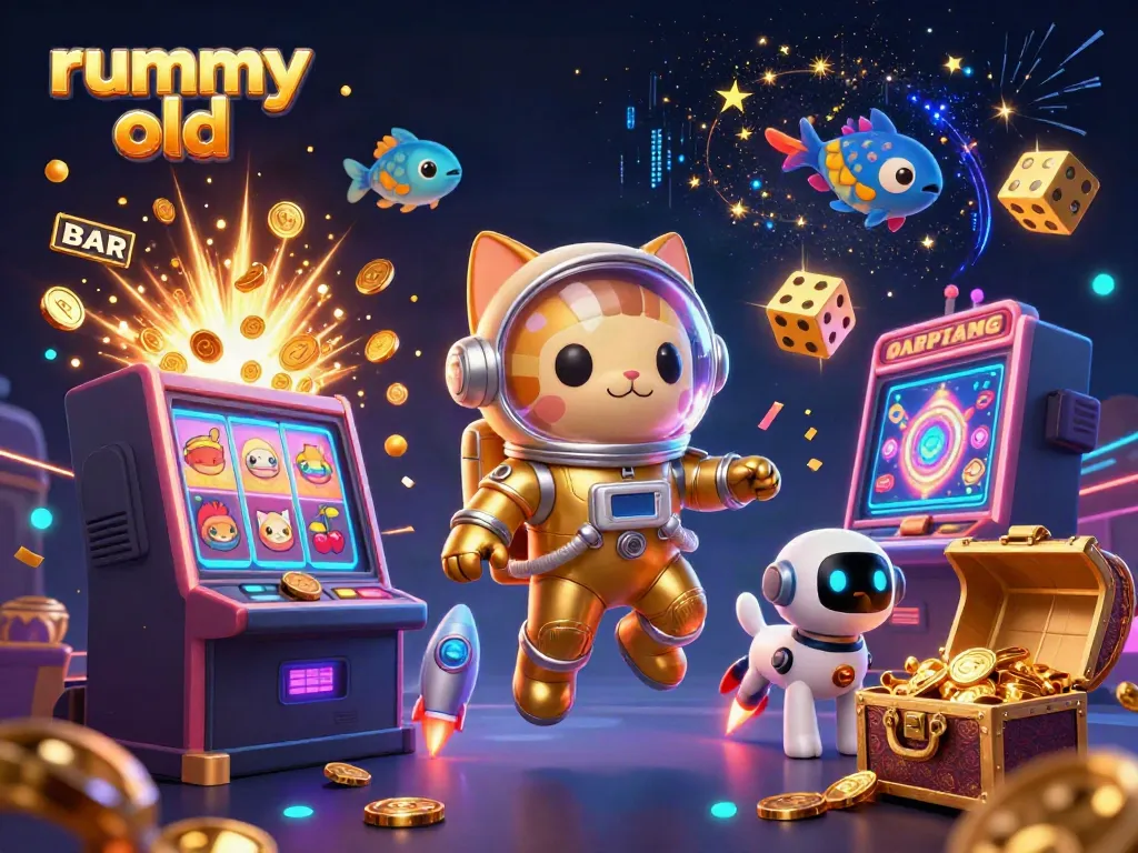 Pemain menjelajahi permainan rummy old dengan karakter kartun 3D yang menggembirakan di latar belakang kasino yang semarak.