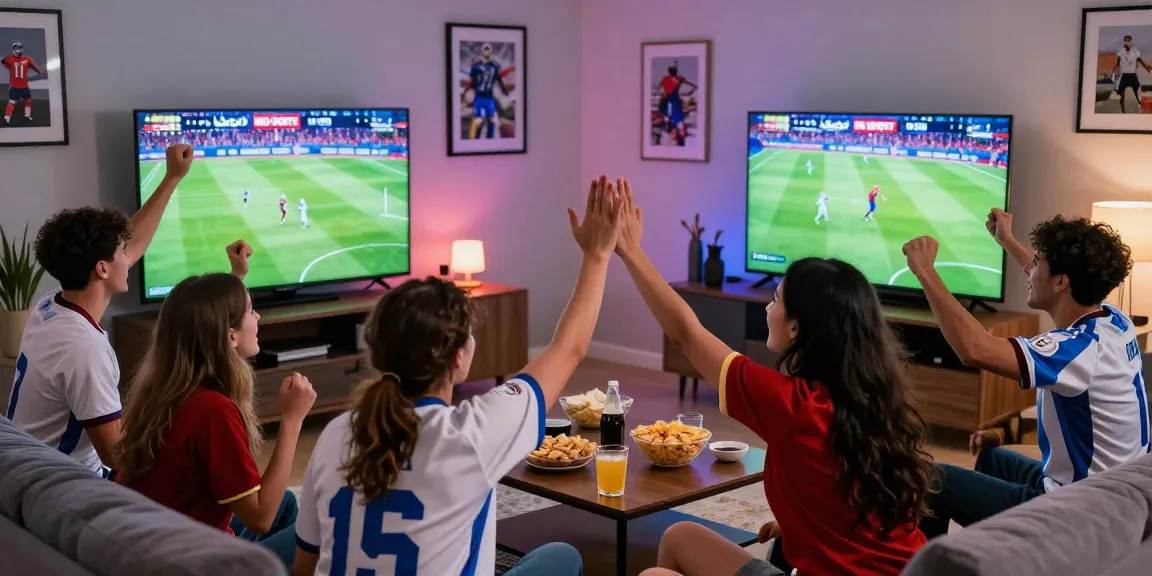Exciting sports viewing party featuring موقع IHD Sports broadcast with friends cheering and enjoying snacks.