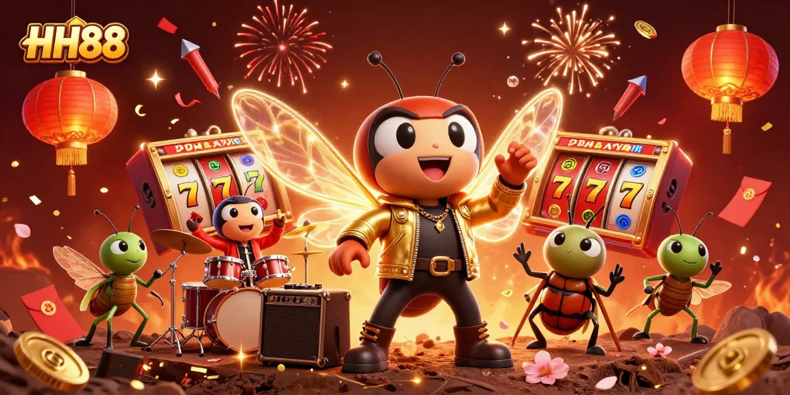 Experience thrilling gameplay at HH88 with vibrant slot reels, festive elements, and energetic characters.
