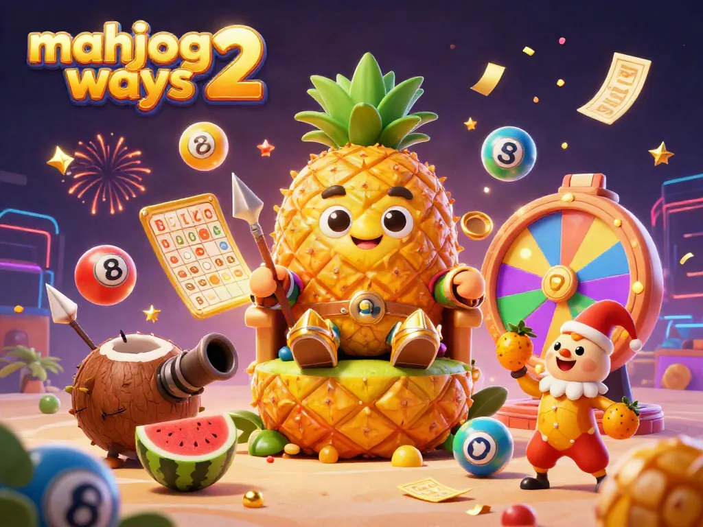 Experience the majestic mahjong ways 2 with a golden pineapple king and vibrant gaming elements in a festive scene.
