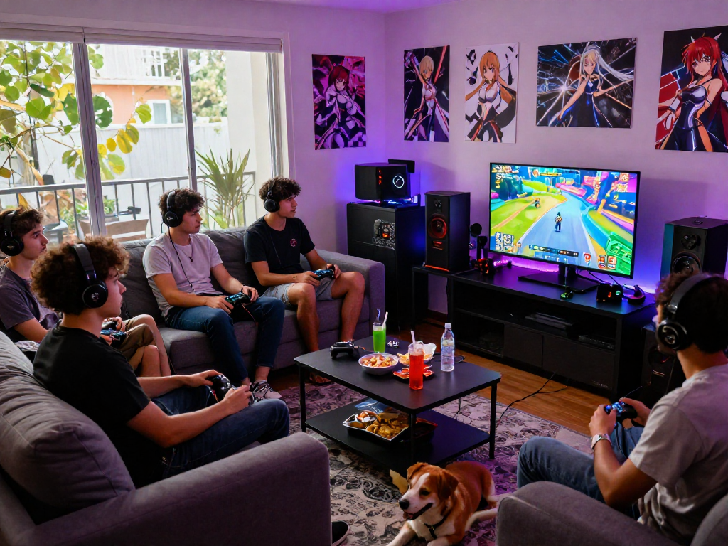 Friends enjoying hentai games in a vibrant gaming lounge with anime decor and snacks.