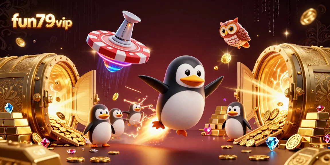 Experience fun79vip with a golden penguin and jackpots in a dynamic casino space setting.