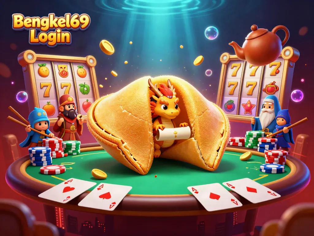 Play exciting slots with Bengkel69 Login, featuring vibrant golden fortune cookie scene with dragons and poker elements.
