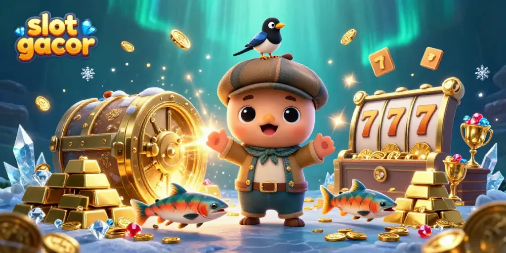 Engage in slot gacor gaming with an adorable 3D cartoon illustration of Nessie and friends.
