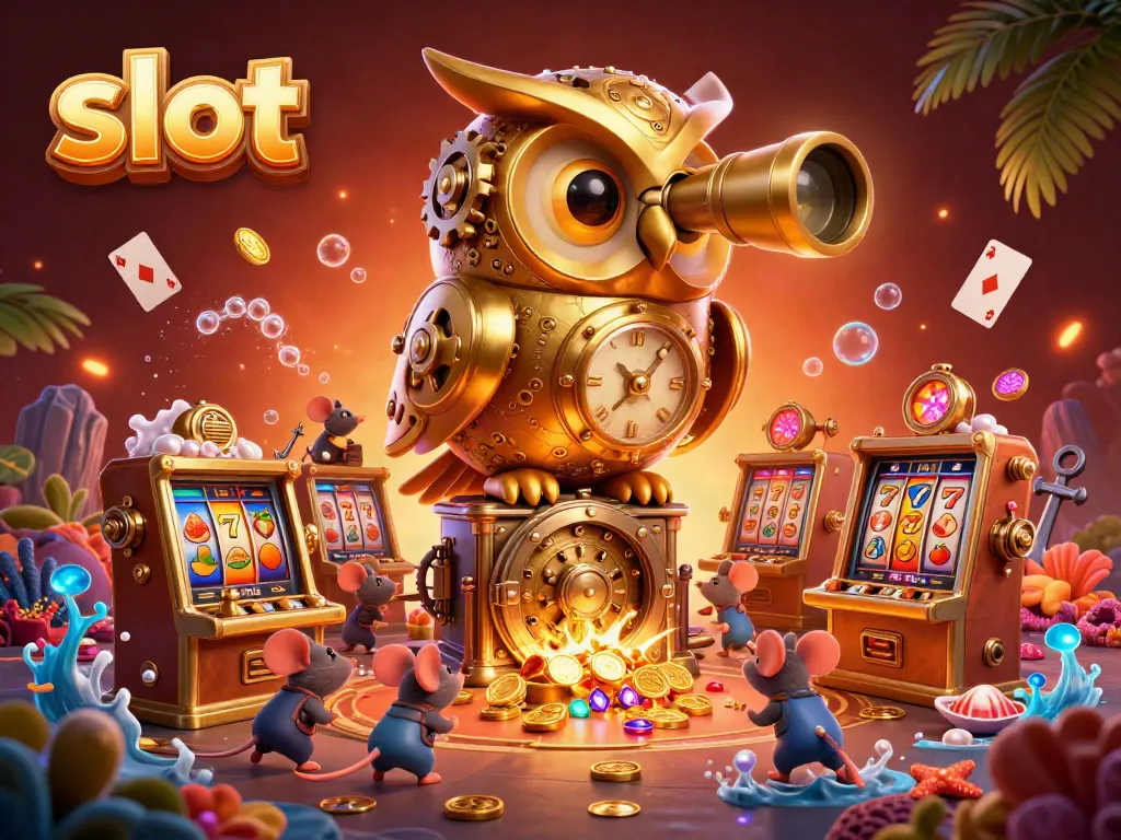 Experience thrilling slot action with whimsical characters and vibrant casino elements in this colorful illustration.