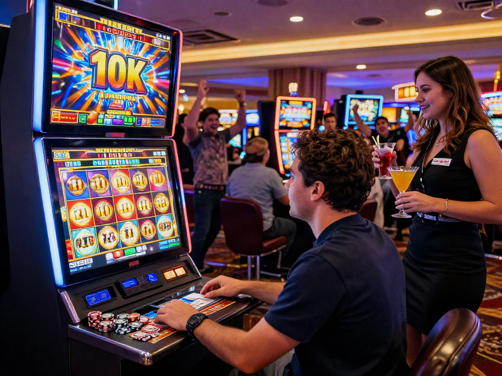 Engaged player at slot 10k machine in vibrant casino atmosphere.
