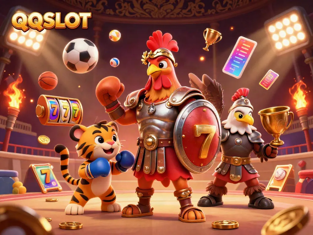Experience thrilling gameplay at QQSLOT with a cartoon gladiator rooster and casino-themed elements.