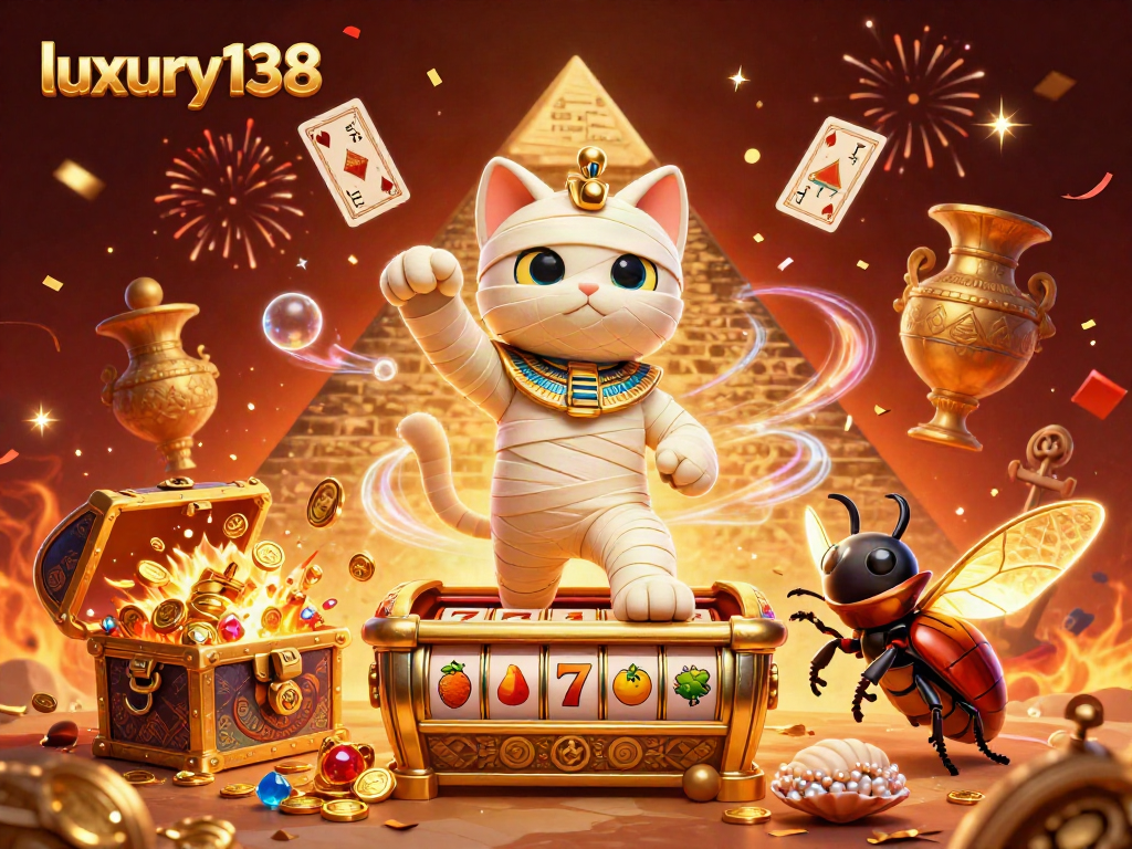 luxury138 menghadirkan kucing mummy kuno dalam kasino piramida, meriah dan penuh permainan.