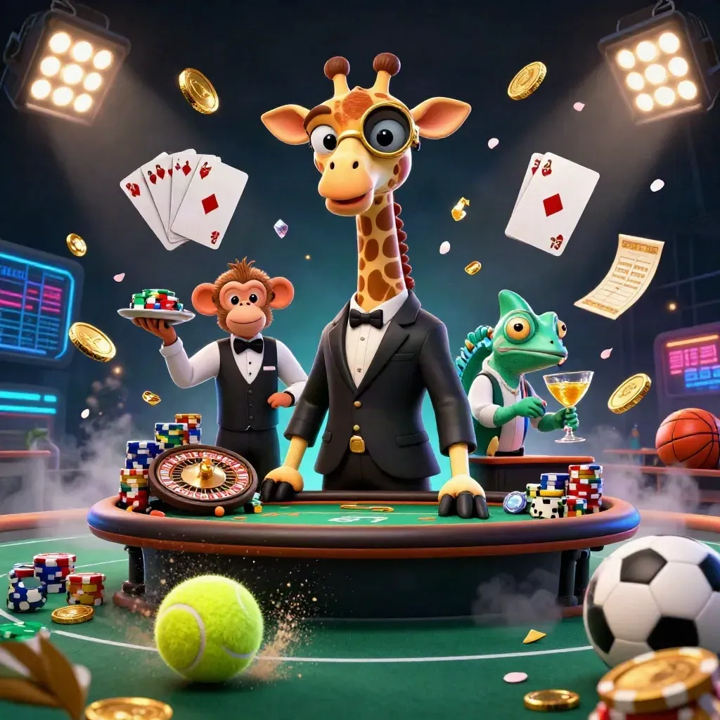 Neon casino animals, tennis ball, roulette wheel, chips and coins in a ground-level action burst.