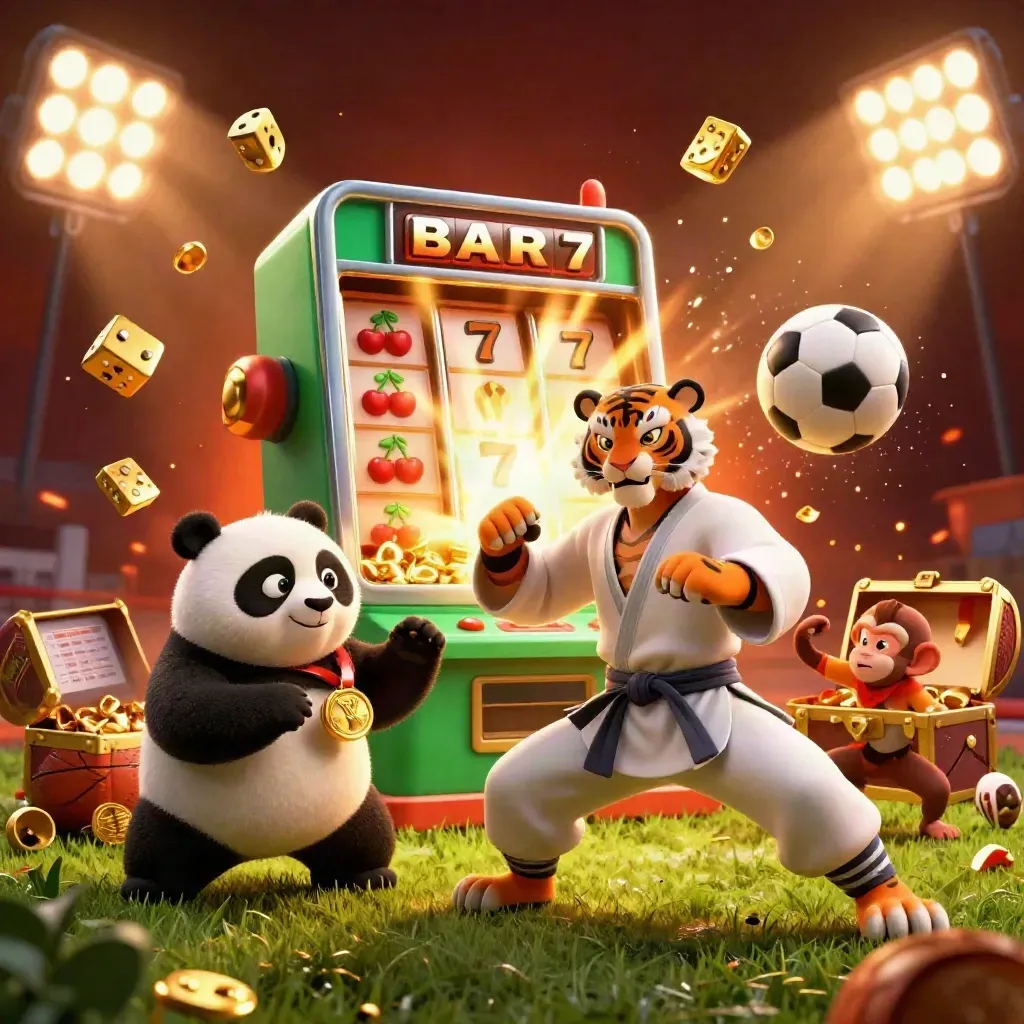 Kung-fu tiger, panda, and monkey amid a soccer ball blast, slot symbols, and gold on a dark pitch.