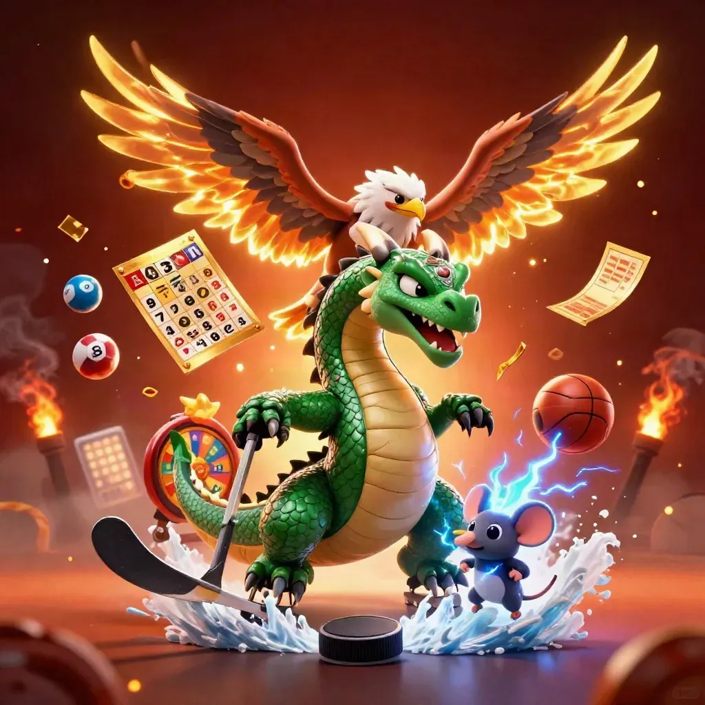 Thunder dragon, hawk and mouse erupt above a hockey puck amid casino game props.